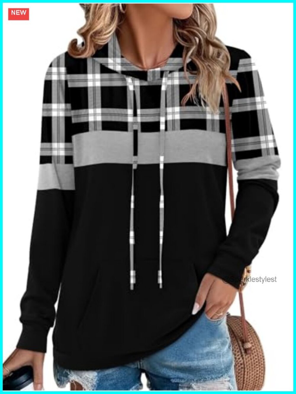 Long Sleeve Hooded Sweatshirt Pullover Plaid Patchwork Kangaroo Pocket